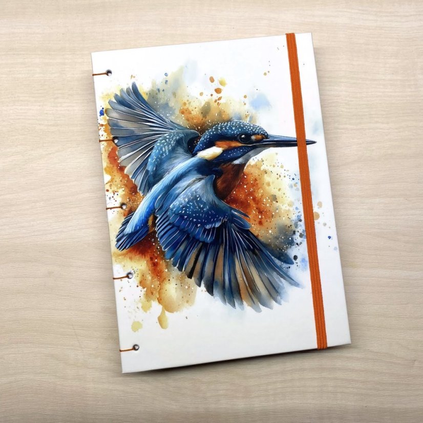 Tečkovaný zápisník A5: ledňáček v oranžovém s gumičkou