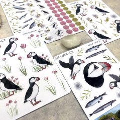 Tečkovaný zápisník s hřebenatkami + kolekce samolepek Papuchalk