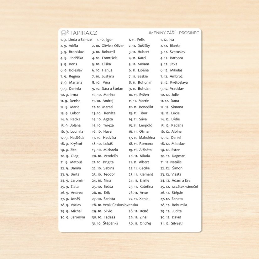 Jmeniny - samolepky s tiskacím písmem - období: září - prosinec