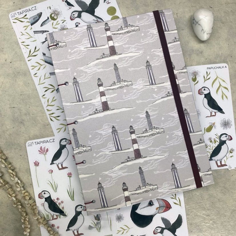Tečkovaný zápisník s majáky + kolekce samolepek Papuchalk