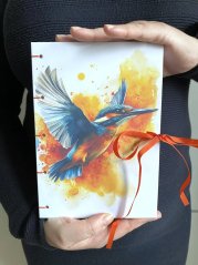 Tečkovaný deník A5: ledňáček na oranžové s mašlí