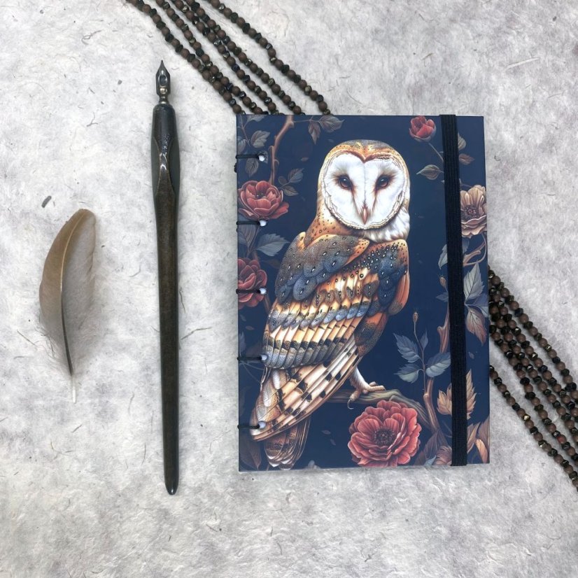 Tečkovaný zápisník A6 Sova pálená v růžích