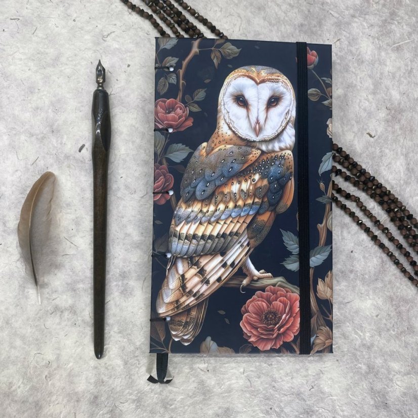 Cestovatelský tečkovaný zápisník Sova pálená v růžích