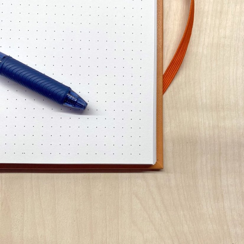 Tečkovaný zápisník A5: ledňáček v oranžovém s gumičkou
