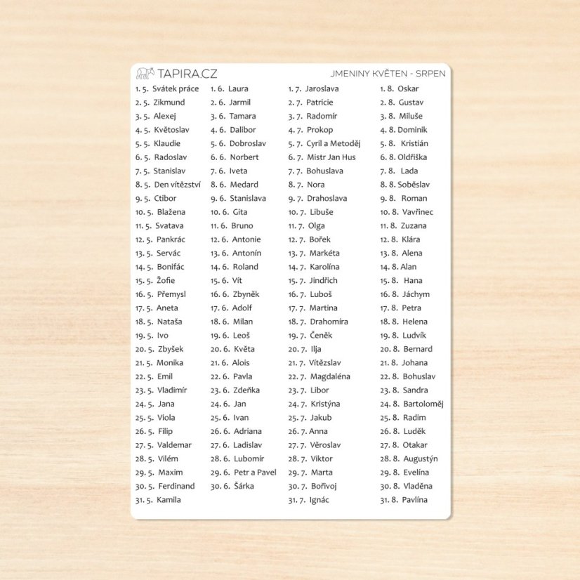 Jmeniny - samolepky s tiskacím písmem - období: květen - srpen