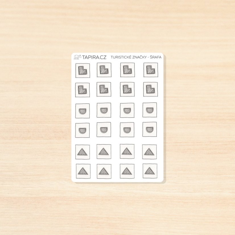 Turistické značky: zřícenina, studánka, výstup na vrchol - vzor: šrafa