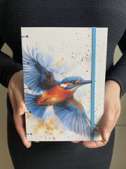 Tečkovaný zápisník A5: ledňáček v modrém s gumičkou