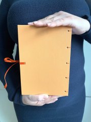 Tečkovaný deník A5: ledňáček na oranžové s mašlí