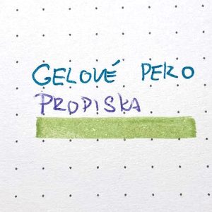 Líc listu: zkouška gelového pera, propisky a zeleného zvýrazňovače na tečkovaném papíru